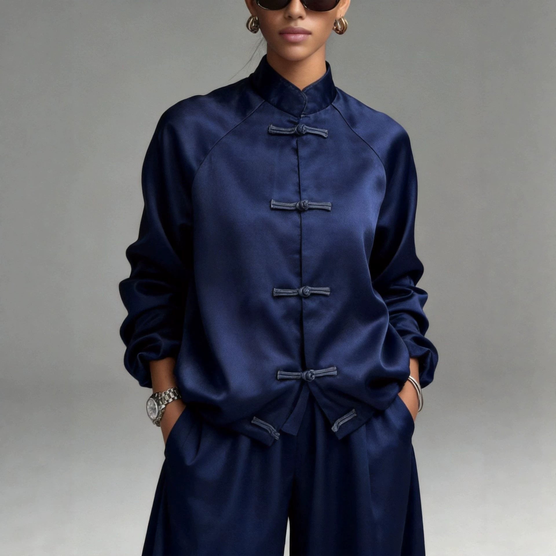 Satin set with hanging wide leg pants and drawstring two-piece set 
