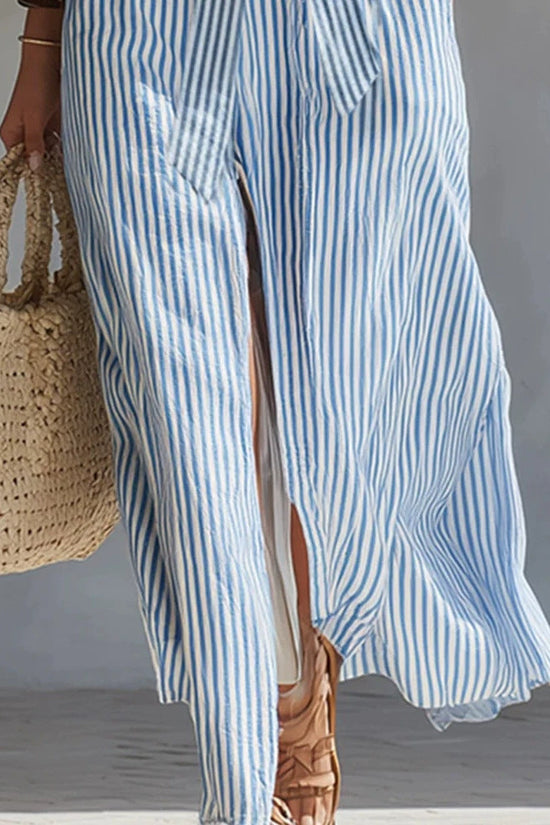 Fresh Blue and White Striped Sleeveless Long Dress with V-Neck, Waist-Tie, Side Split, Beach Dress 