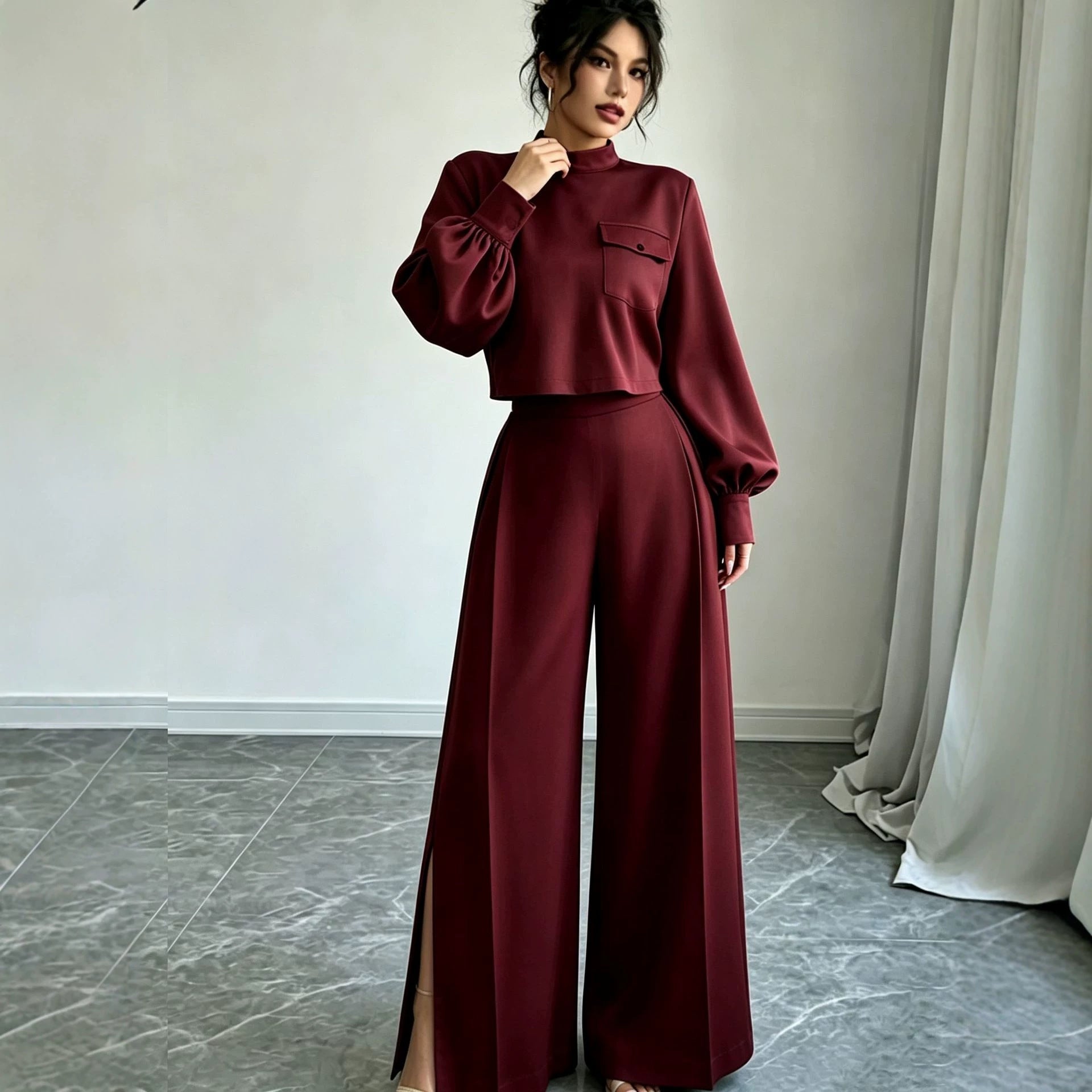 Solid color wide leg pants set for women 