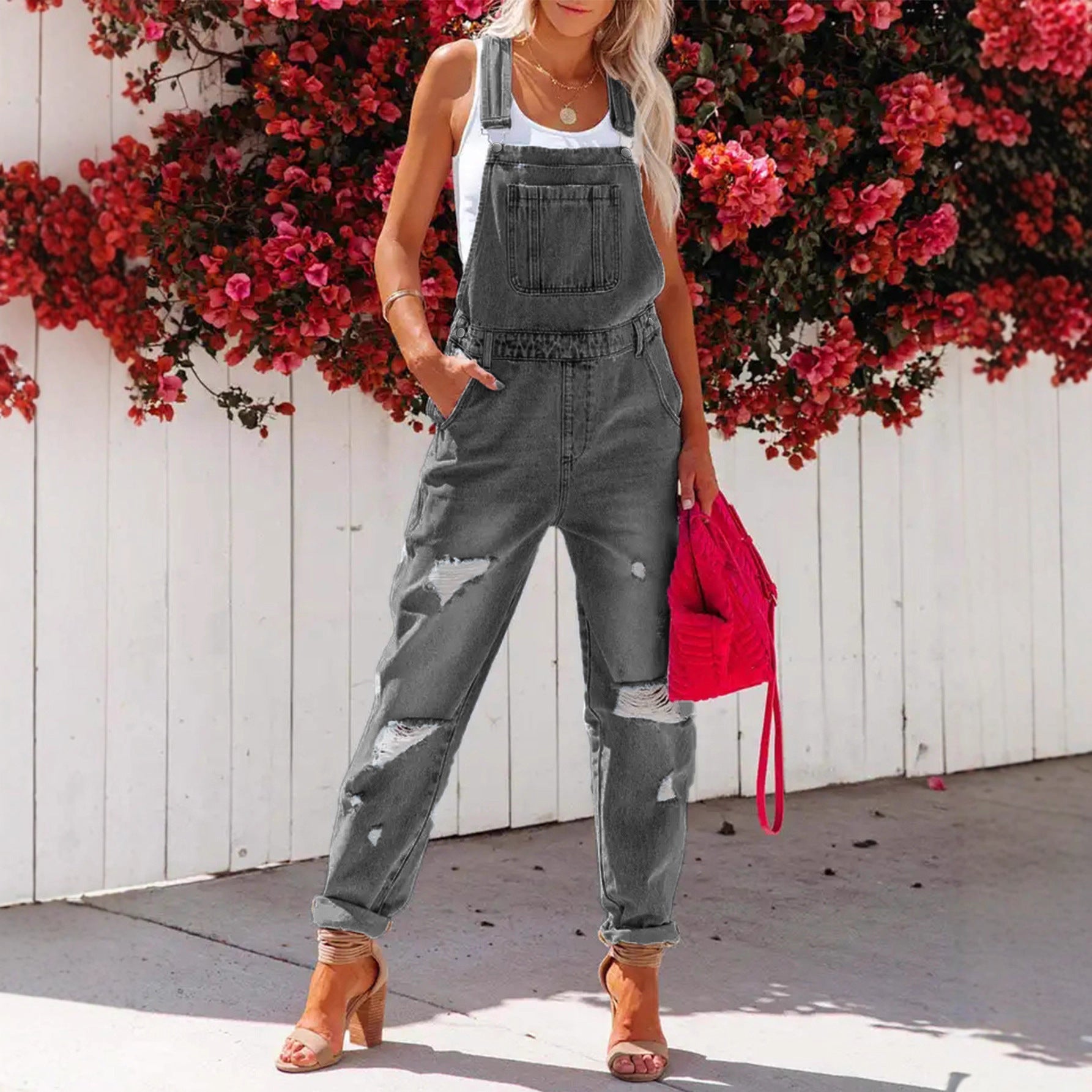 Cropped Blue Denim Overalls for Women with Ripped Details Casual FashionStrap Design, Perfect for Everyday Wear 
