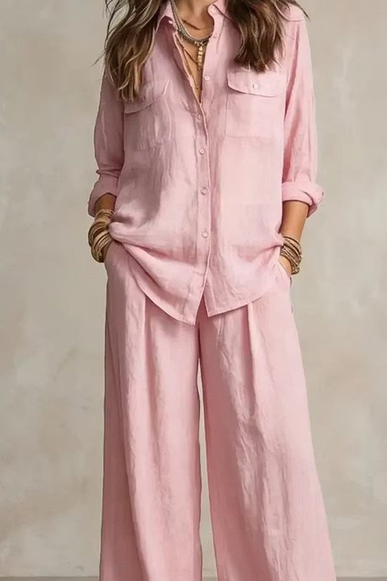 Chic Linen Set for Women, Breathable Lightweight Long Sleeve Shirt with Drapey Wide-Leg Pants, Vacation Style Casual Outfit 