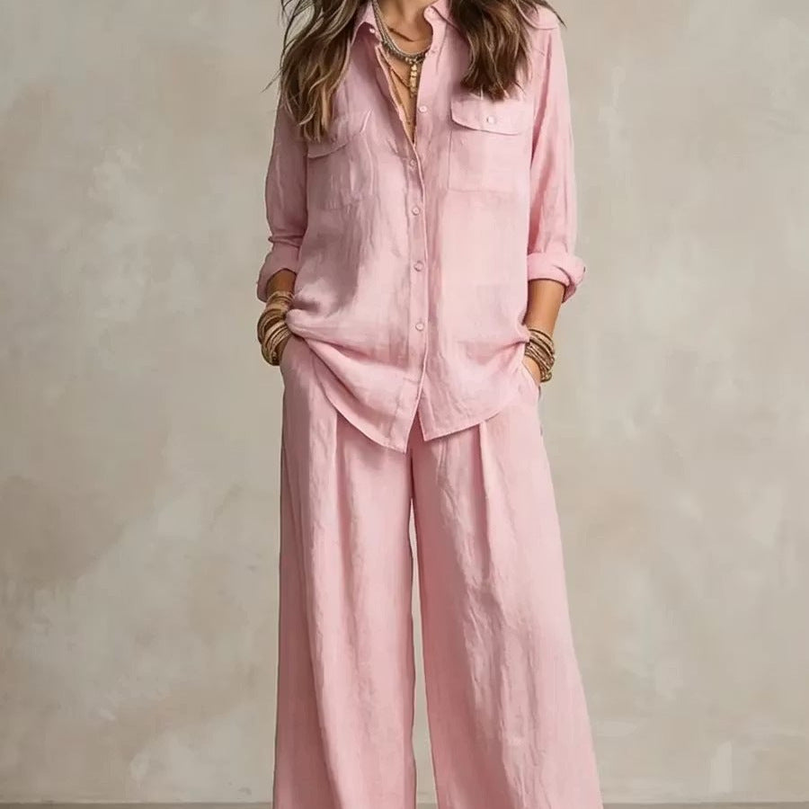 Chic Linen Set for Women, Breathable Lightweight Long Sleeve Shirt with Drapey Wide-Leg Pants, Vacation Style Casual Outfit 