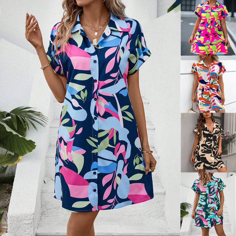 Summer New Fashion Colorful Floral Printed Open Front Short Sleeve Shirt Dress 