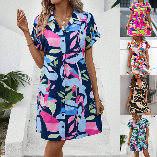 Summer New Fashion Colorful Floral Printed Open Front Short Sleeve Shirt Dress 