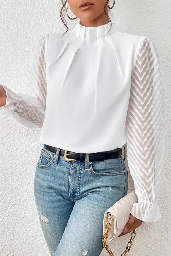 Autumn Winter New Women's High Neck Spliced Wave Pattern Chiffon Long Sleeve Top 