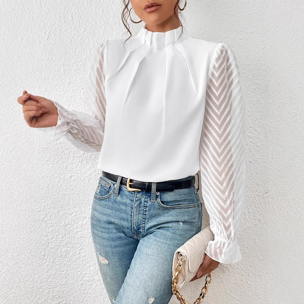 Autumn Winter New Women's High Neck Spliced Wave Pattern Chiffon Long Sleeve Top 