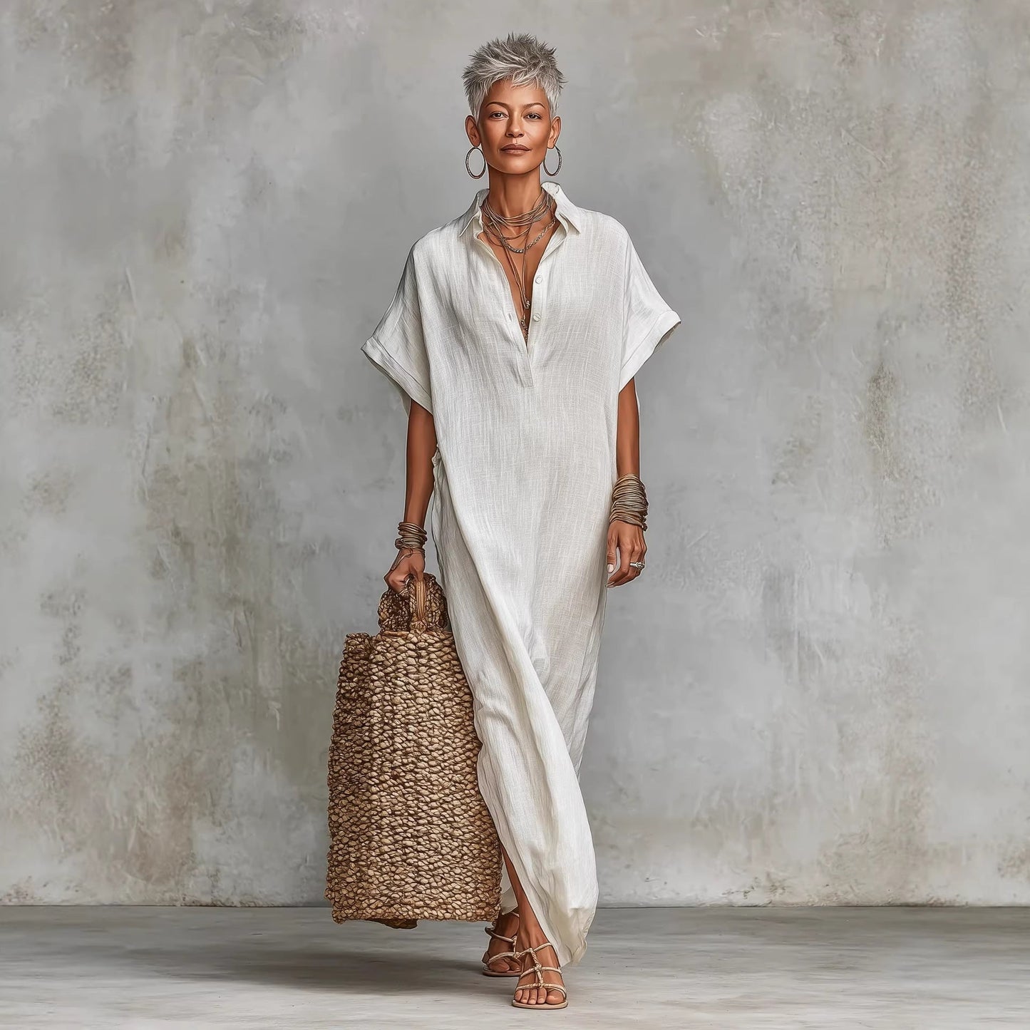 Womens Loose Long Batwing-Sleeve Dress 