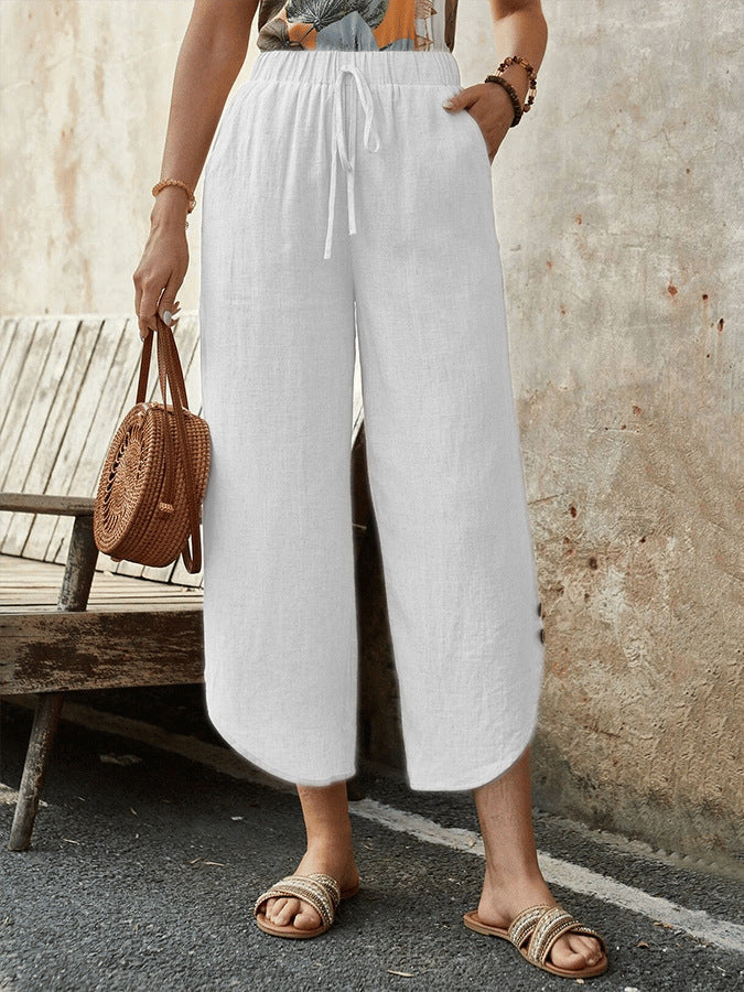 Cotton And Linen Drawstring Cropped Loose Pockets Casual Pants FitiqueFit