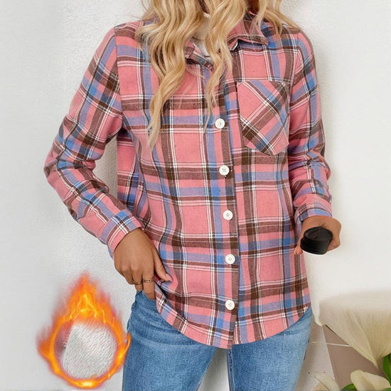 Women's Checkered Fleece Lined Shacket, Plaid Button Down Shirt Jacket With Chest Pockets, Fall Winter Outerwear Coat 