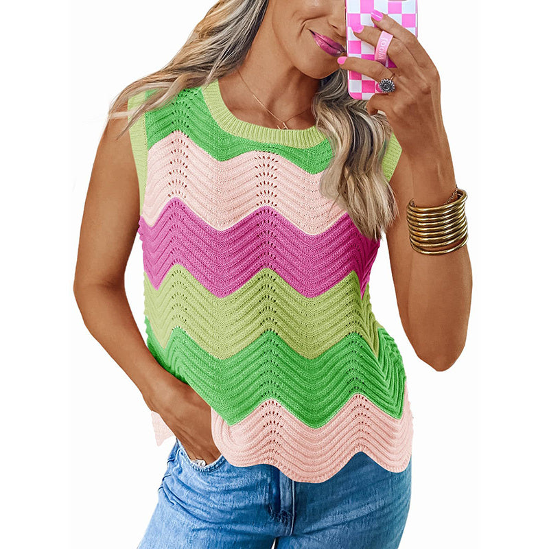 Womens Summer Rainbow Striped Sweater Vest Sleeveless Knit Crew Neck Color Block Going Out Cropped Tank Top CJ US