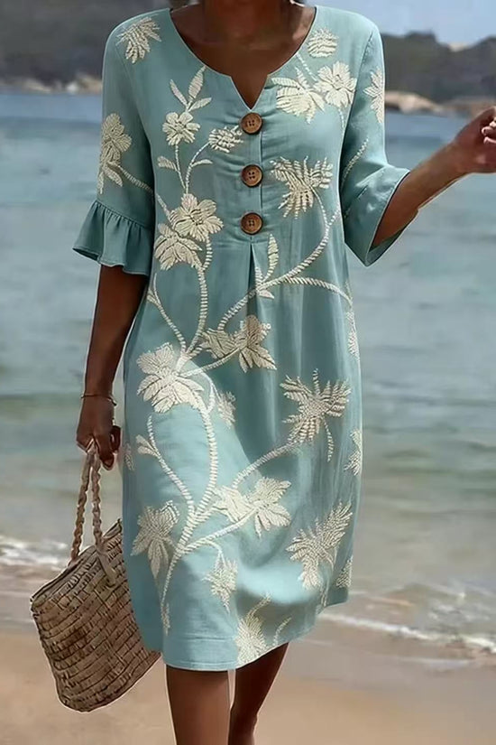 Resort Style V Neck Printed Loose Fitting Mid Sleeve Dress 