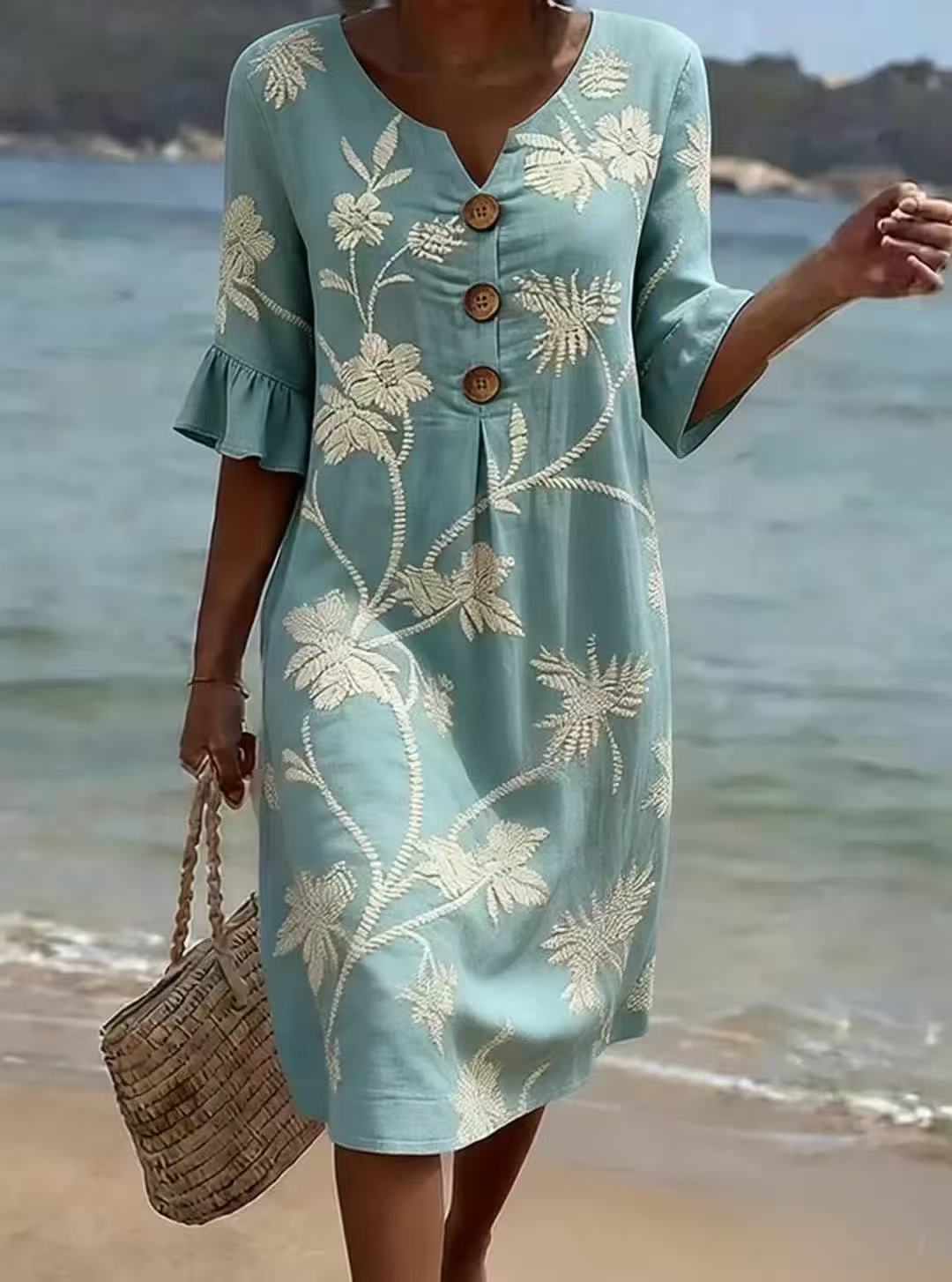Resort Style V Neck Printed Loose Fitting Mid Sleeve Dress 