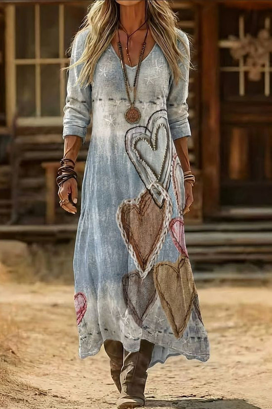 Personalized Retro Chic V-Neck Long-Sleeve Dress 