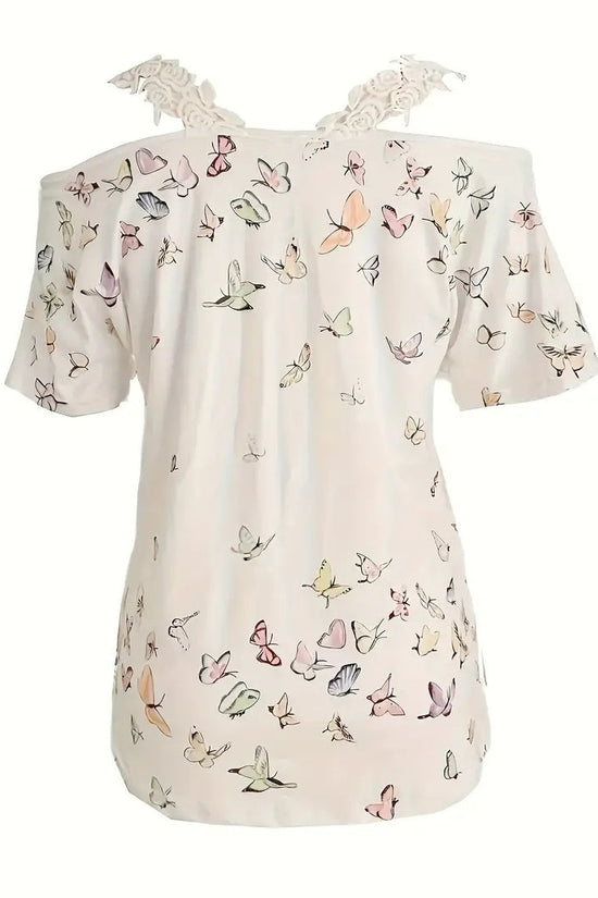 🦋 Vibrant Butterfly Lace Off-Shoulder V-Neck Tee FitiqueFit