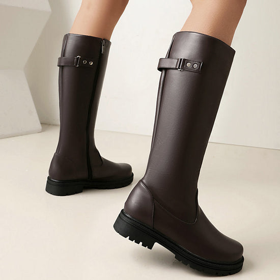 Womens Retro British-Style Leather Belt-Buckle Riding Boots 