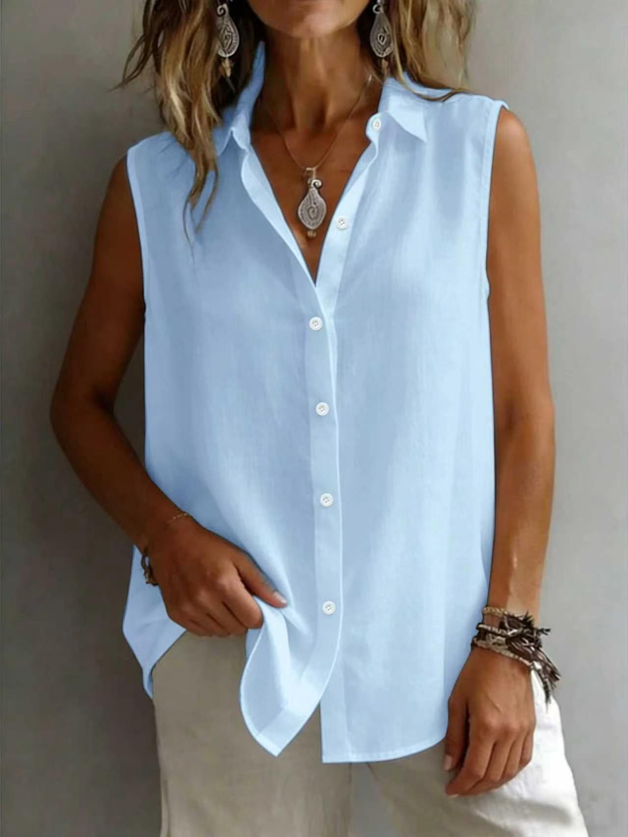 Women's Solid Color Casual Lapel Sleeveless Shirt 