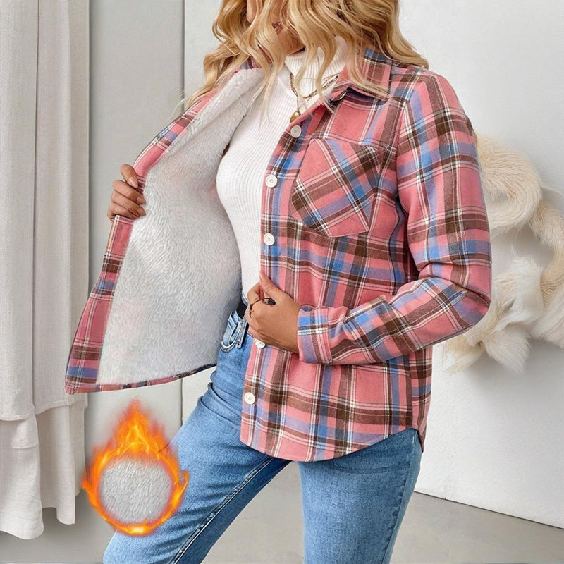 Women's Checkered Fleece Lined Shacket, Plaid Button Down Shirt Jacket With Chest Pockets, Fall Winter Outerwear Coat 