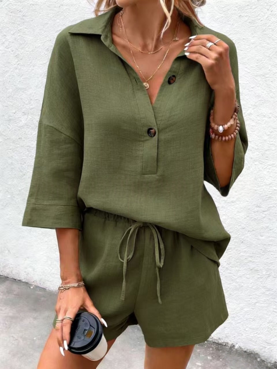 Notch-lapel Short-sleeve Belted Shorts Casual Set 