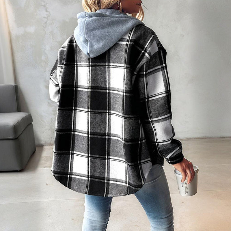 Women's Plaid Hoodie Long Sleeve Jacket Button Drawstring Casual Fall Shirts Shacket With Pocket CJ US