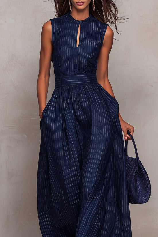 Deep Blue Striped Sleeveless Waist-Cinched Wide-Leg Jumpsuit 
