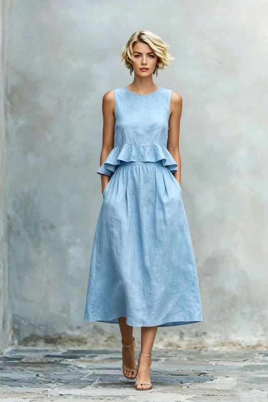 Sleeveless Crew-Neck High-Waisted Ruffle-Trim Resort-Style Dress 