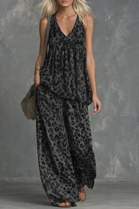 Womens Loose-Fitting Leopard-Print Sleeveless Top And Chiffon Pants Set 