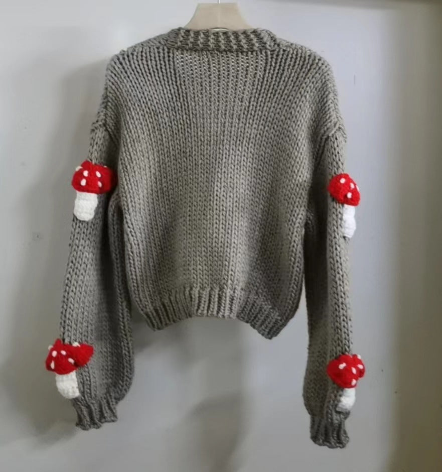 Women’s Mushroom Crochet Short Cardigan – Loose Fit Knit Sweater CJ