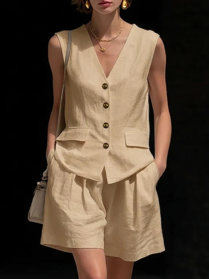 Womens Simple Elegant Cotton-Linen Vest Top And Shorts Two-Piece Set 