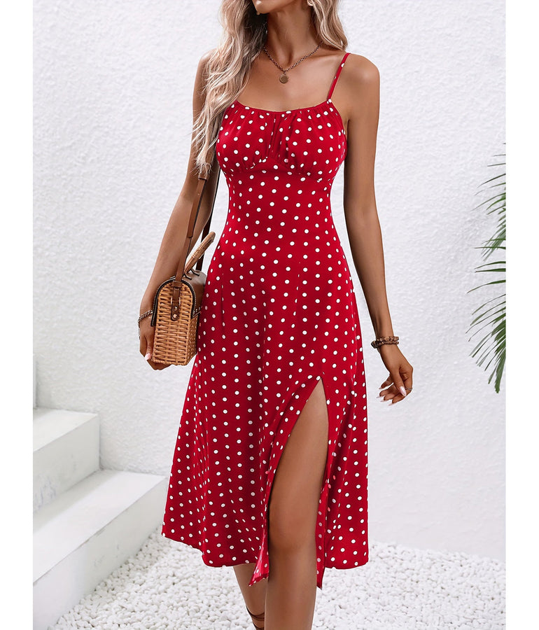 New Polka Dot Print Suspender Dress Summer Sexy Split Long Dresses For Womens Clothing FitiqueFit