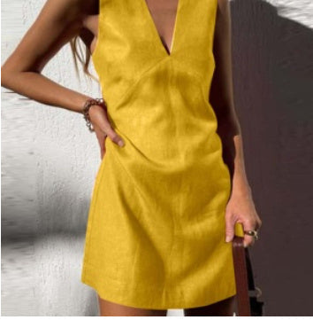 🌿 V-Neck Cotton & Linen Sleeveless Mini Dress – Effortless Summer Chic FitiqueFit