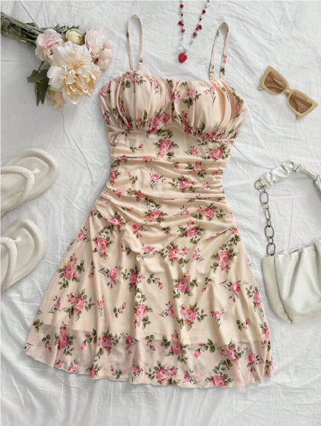 Boho Floral Spaghetti Strap Mini Dress – Ruched Ruffle Hem Vacation Sundress 