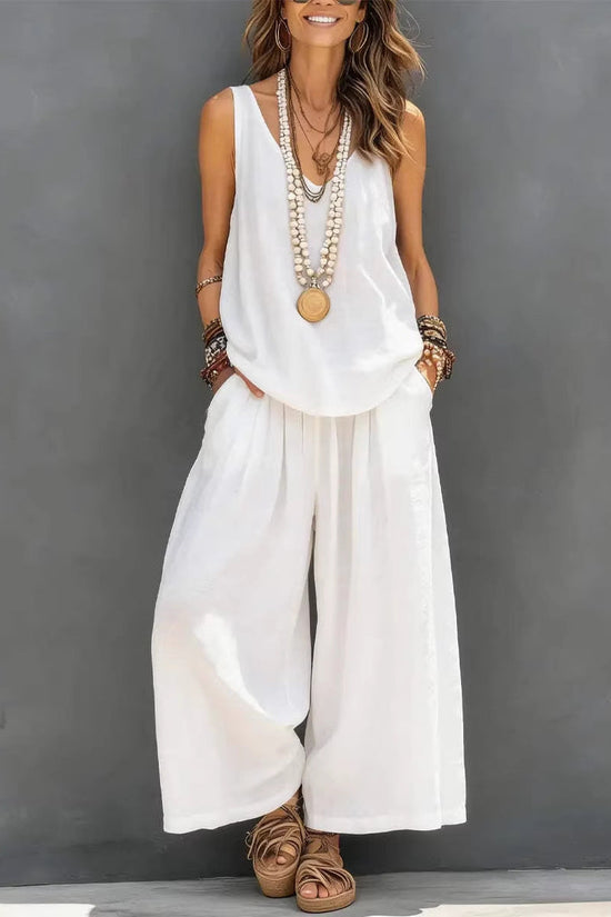 Womens Solid-Colored Casual Sleeveless Tank Top And Wide-Leg Pants Cotton-Linen Set 