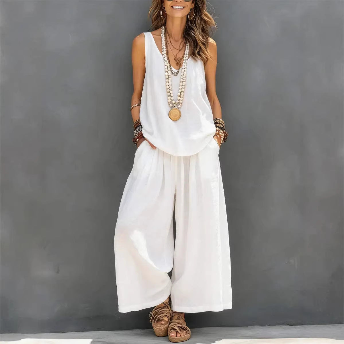 Womens Solid-Colored Casual Sleeveless Tank Top And Wide-Leg Pants Cotton-Linen Set 