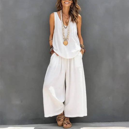 Womens Solid-Colored Casual Sleeveless Tank Top And Wide-Leg Pants Cotton-Linen Set 