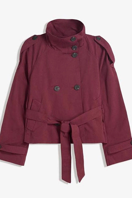 Womens Buttoned Waist-Cinching Lace-Up Trench Coat 