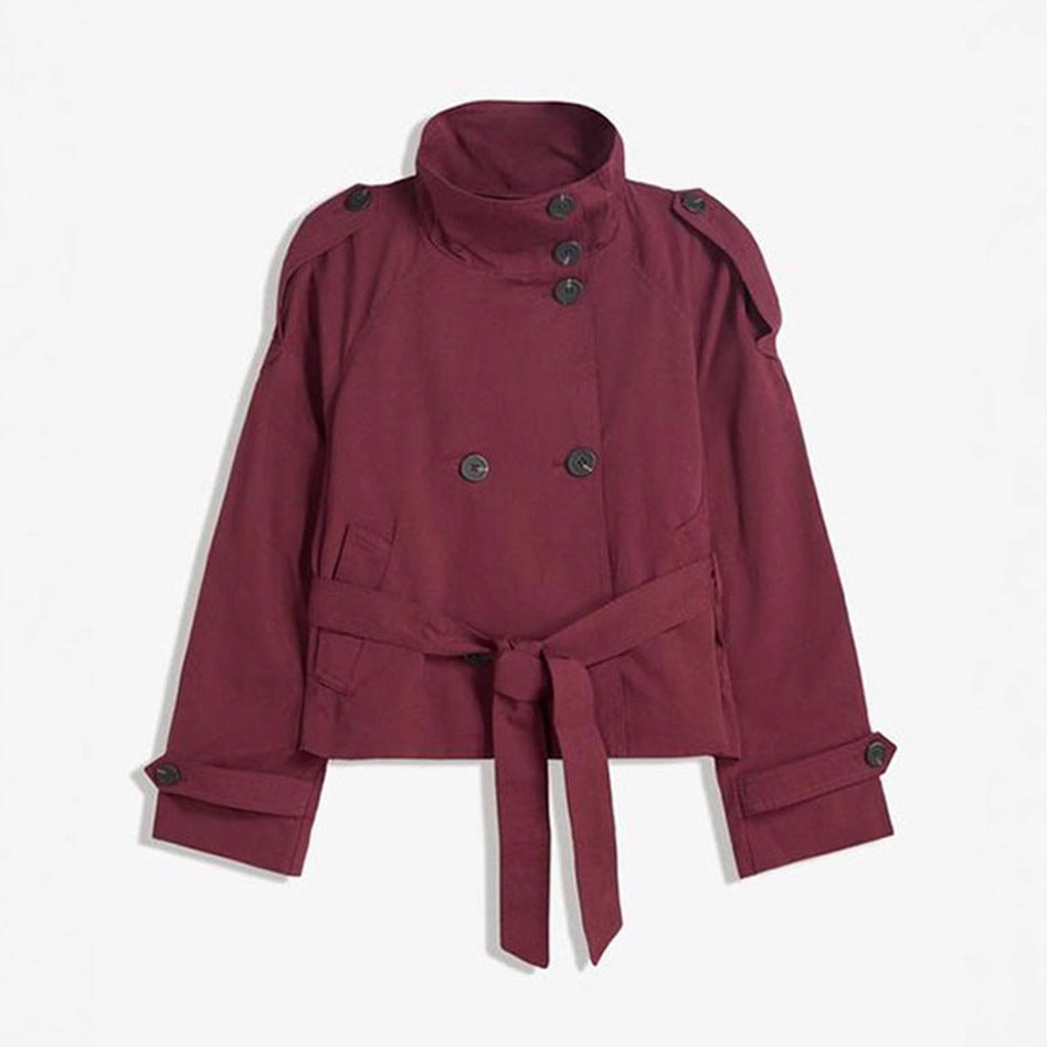 Womens Buttoned Waist-Cinching Lace-Up Trench Coat 