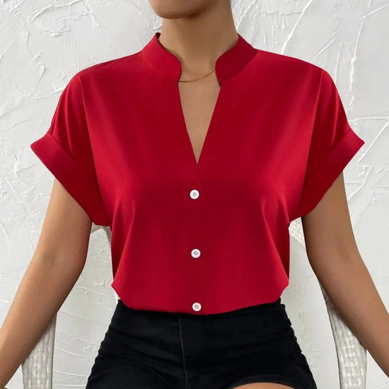 🧡 Summer Women's Satin V-Neck Short Sleeve Shirt – Elegant Casual Wear FitiqueFit
