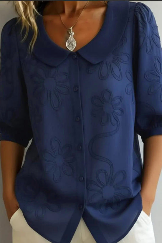 Loose-fit Retro Buttoned 3D Embroidered Floral Shirt 