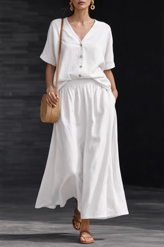 Cotton-linen V-neck Button-up Short-sleeve Top And Skirt Set 
