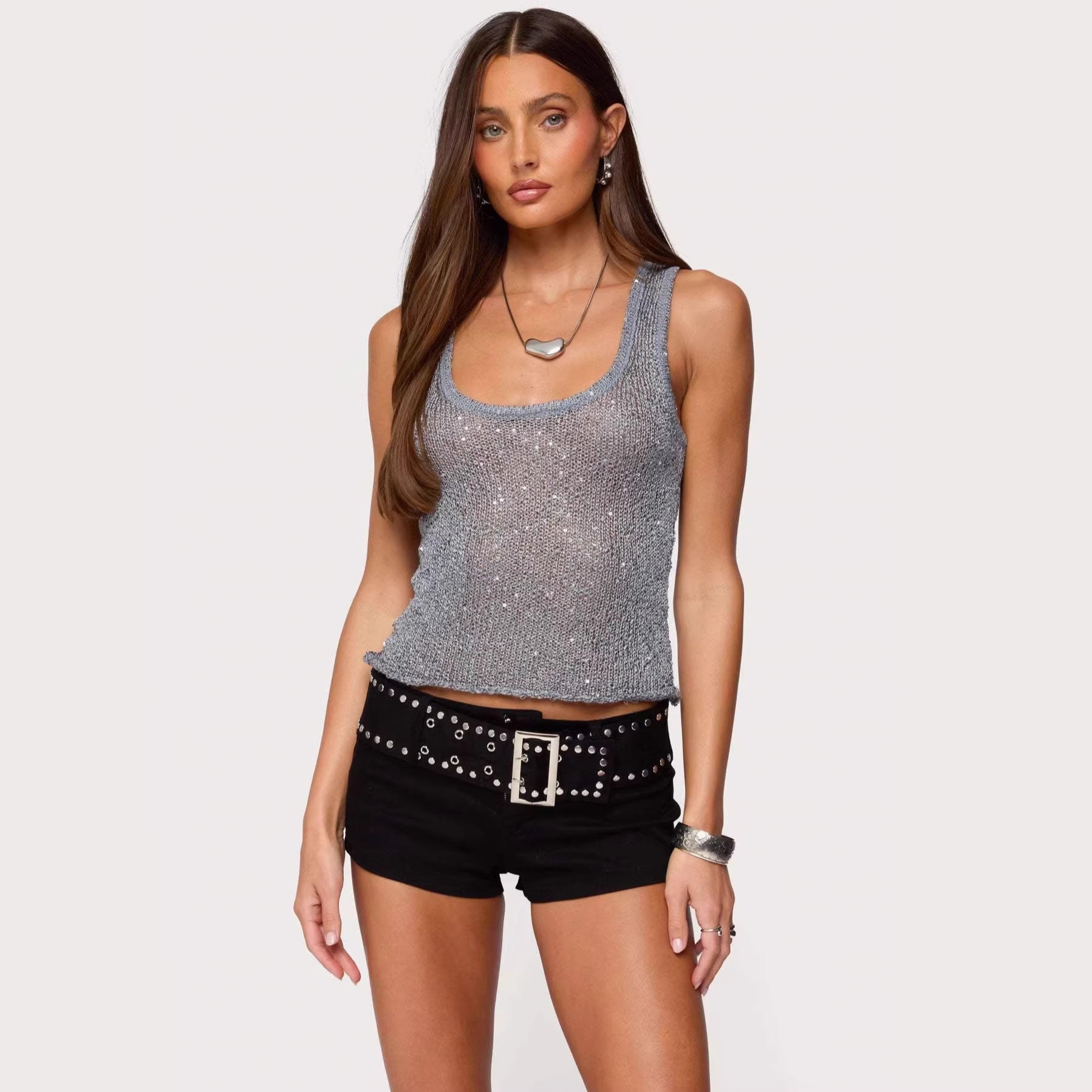 Shiny Deep V Solid Color Tank Top Fashionable Sexy Sheer Top 