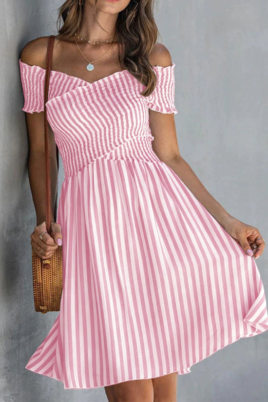 Off-the-shoulder Striped Waist-cinching Dress European And American Style 