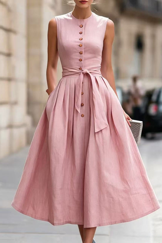 Fitted-waist, Sleeveless Cotton-linen Solid-color Maxi Dress 