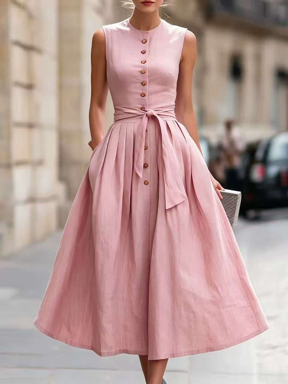 Fitted-waist, Sleeveless Cotton-linen Solid-color Maxi Dress 
