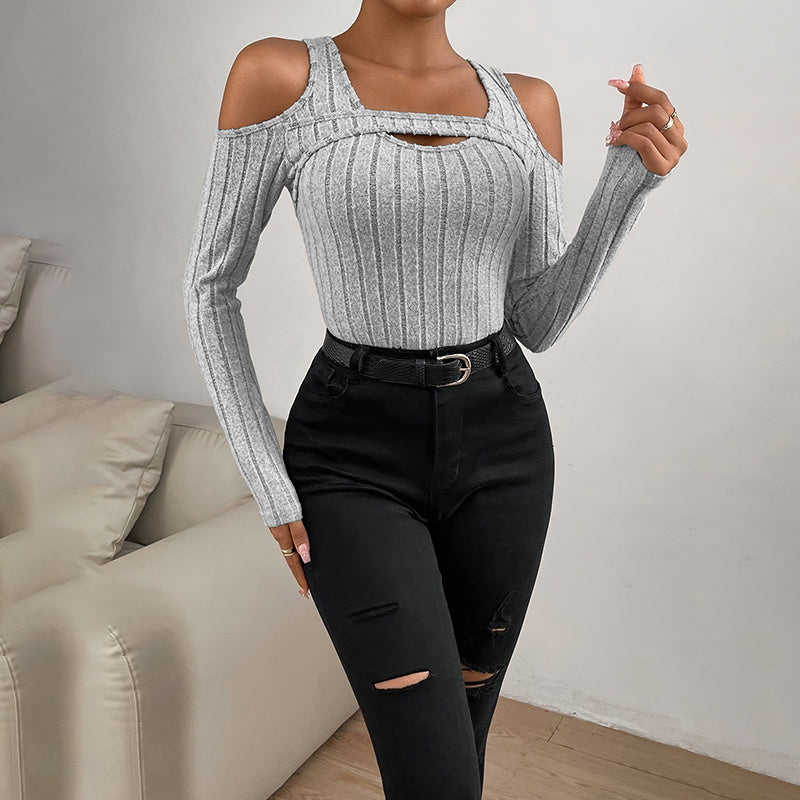 Women's Ribbed Long Sleeve Top Cut Out Front Detail Fitted Sexy Tee Casual Dressy T-Shirt Tops CJ US