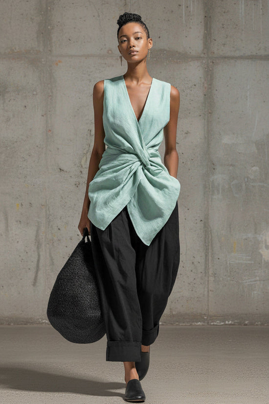 Waist-cinching Tie-front V-neck Sleeveless Top Wide-leg Pantsuit 