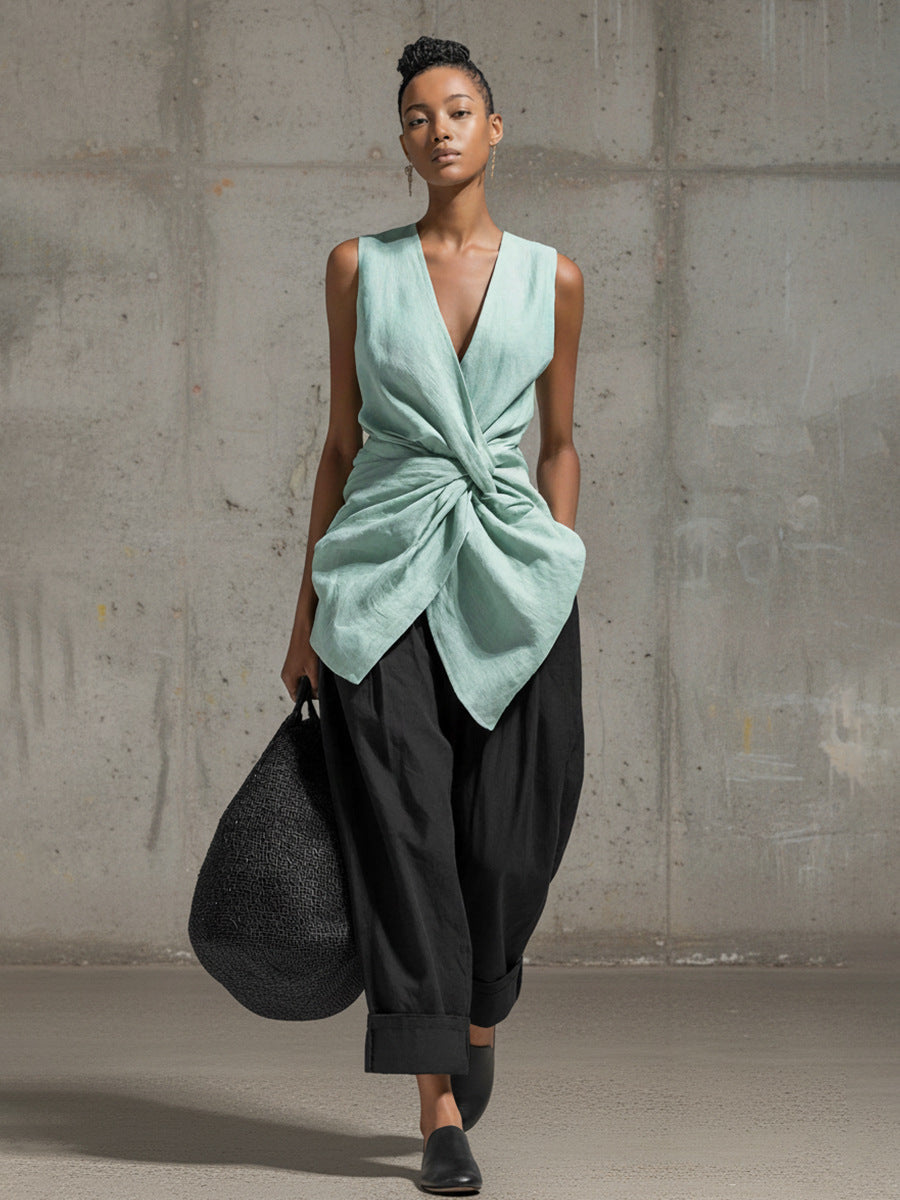 Waist-cinching Tie-front V-neck Sleeveless Top Wide-leg Pantsuit 