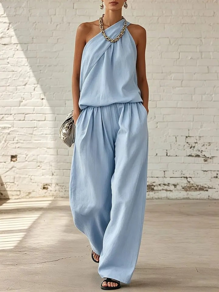 Cotton-linen Sleeveless Double-layer Top And Wide-leg Pants Set 