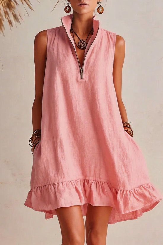 New Stylish Casual Loose Half-Zip Sleeveless Dress With Ruffle Hem 