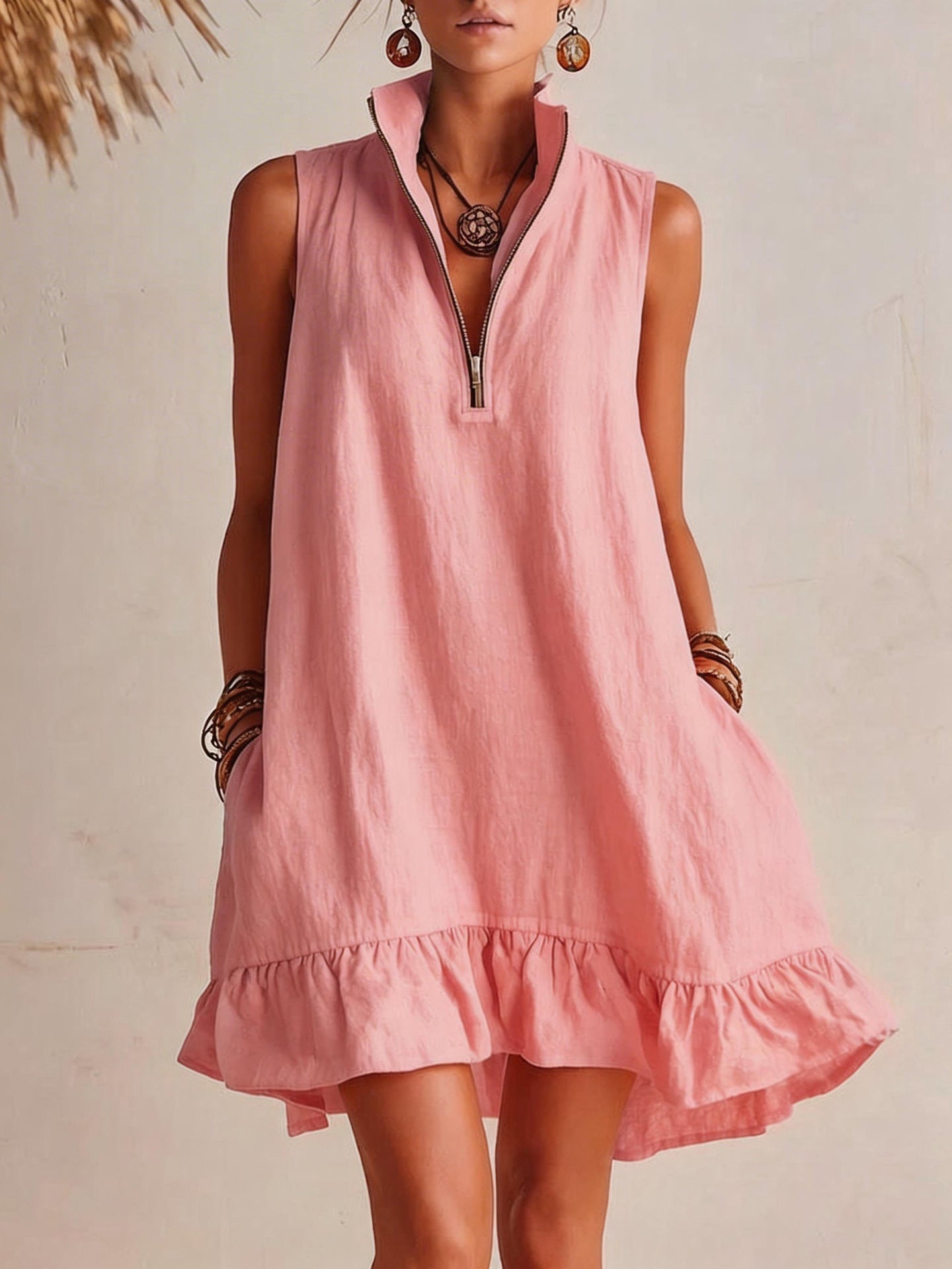 New Stylish Casual Loose Half-Zip Sleeveless Dress With Ruffle Hem 