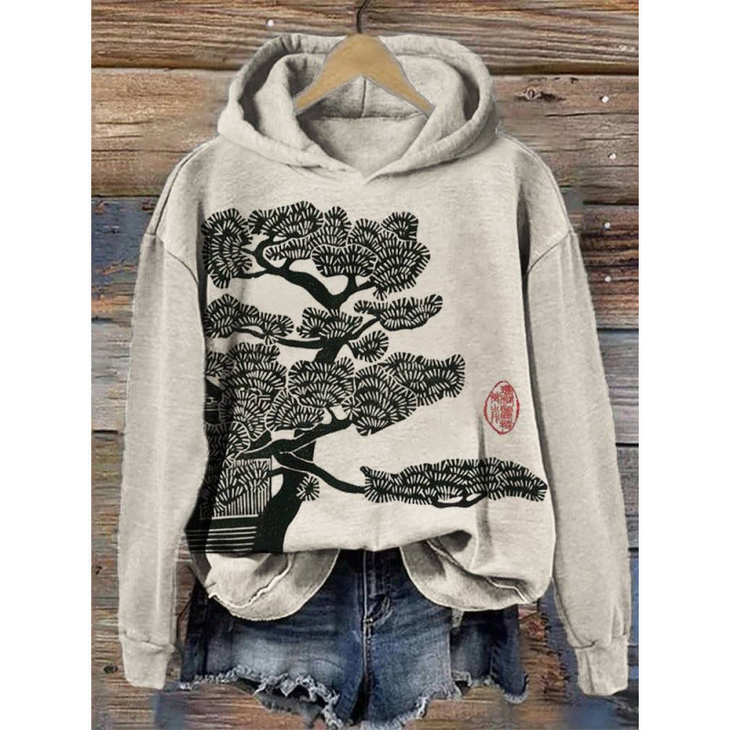 Womens Printed Hooded Long-Sleeve Pullover Sweatshirt 